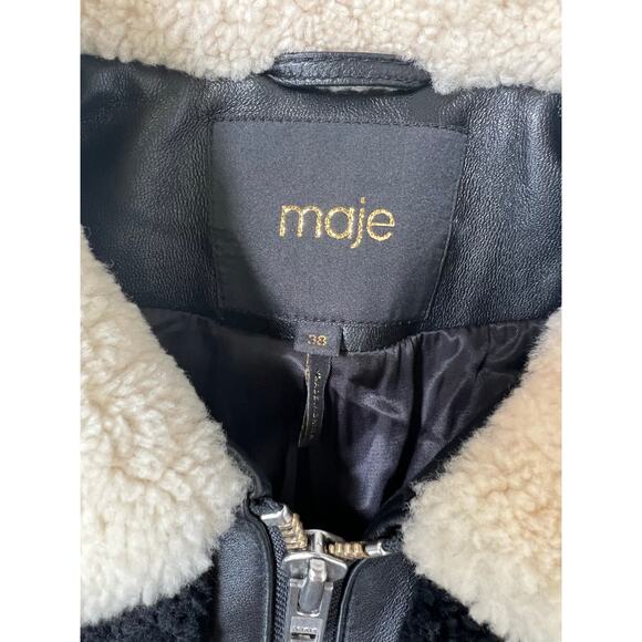 Maje Gillian Two-Tone Black & White Shearling Long Coat Jacket Size Medium - Picture 3 of 12